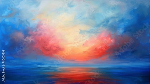 Abstract landscape with a blue and red sky  clouds  and sea. The oil painting features thick brush strokes