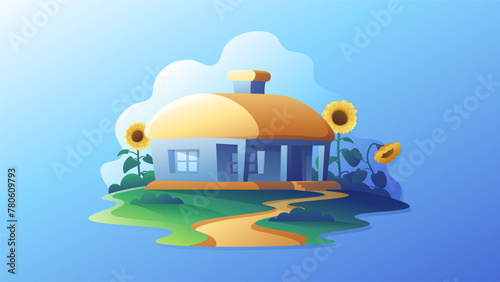 Beautiful traditional Ukrainian hut with thatched roof and sunflowers isolated illustration.