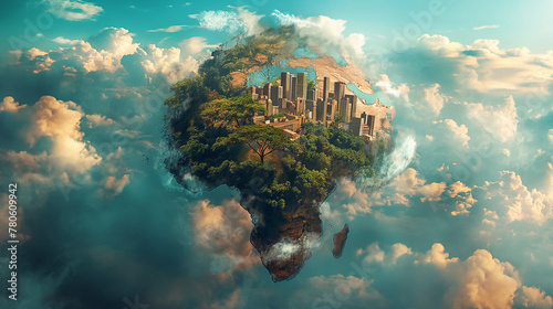 Nigeria floating on a visual planet with the sky as a background using Nigerian landmarks. photo
