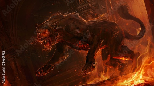 In the heart of shadowed ruins, a Chimera prowls, its gaze ablaze with fire, guarding secrets of an ancient mystery long forgotten no dust