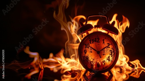 Alarm clock with flames licking its sides, casting a warm, urgent glow