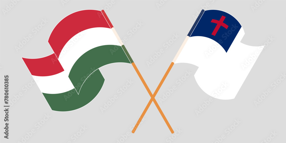 Crossed and waving flags of Hungary and christianity Crossed and waving flags of Hungary and christianity