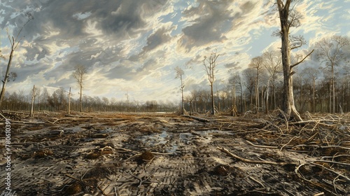 A deforested landscape with barren trees and eroded soil, depicting the consequences of deforestation and habitat loss.