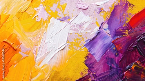 Abstract yellow and purple background with white brush strokes  textured canvas  and visible palette knife marks. It features an array of bright colors