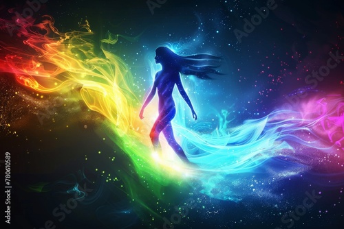 Luminous rainbow light waves from the whole body, in the unity of diversity