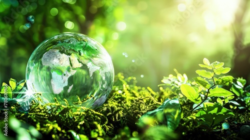 Envision the world globe nestled amidst the vibrant greenery of the forest floor  basking in the gentle glow of sunlight.