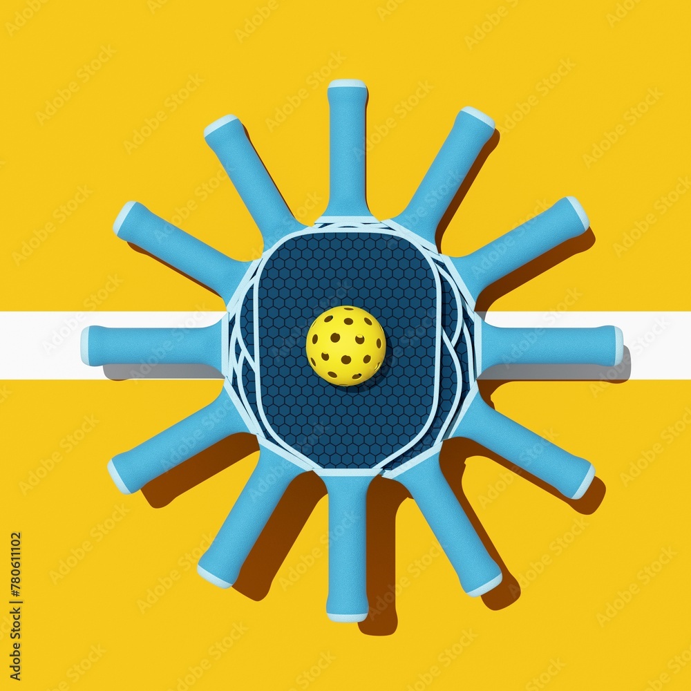 Obraz premium Pickleball sport equipments. Top view of rackets and ball on orange court. 3d illustration, rendering. Background for sport postcard, flyer, poster.