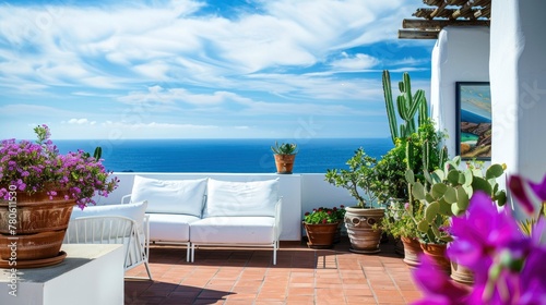 beautiful terrace with white furniture overlooking the sea, cacti and flowers in pots