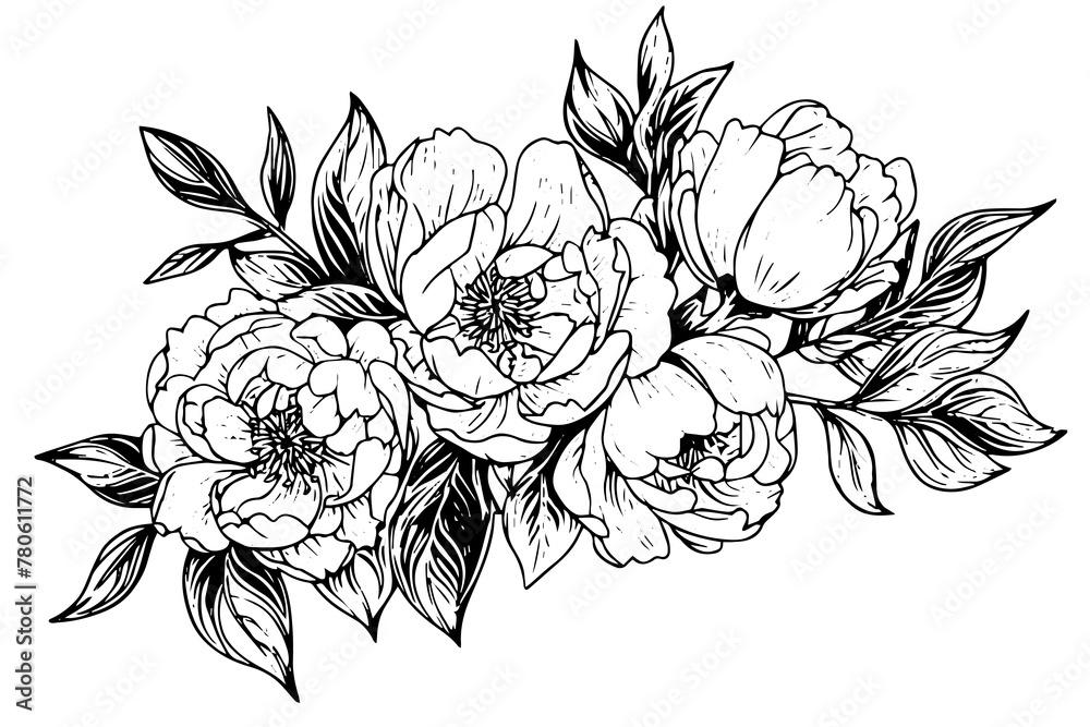 Vintage Floral Vector Sketch: Baroque Garden Illustration with Rose and Peony Blossoms.