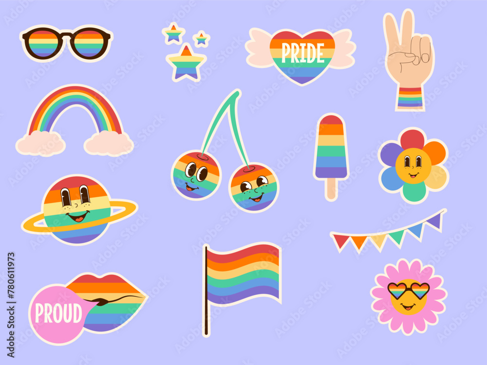 LGBTQ community sticker pack. Pride mounts rainbow color element collection