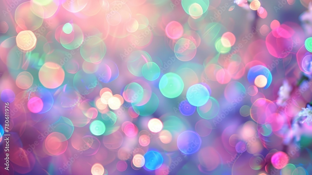 Blurred background of festive colorful lights for Christmas and New Year celebration, with a light bokeh effect on a blurred pastel color background of pink, green, blue, purple and red white lights.