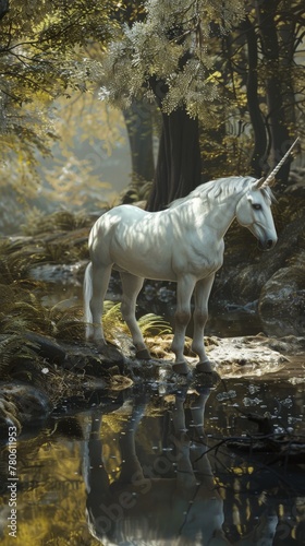 A unicorn pauses by a crystal stream in the enchanted forest, its sparkling horn reflecting in the water, surrounded by a mystical silence low texture © kitidach