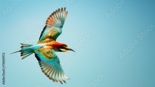 A vibrant bird midflight, wings flapping energetically, showcasing its tapered tail and a spectrum of colorful feathers against a clear blue sky low noise