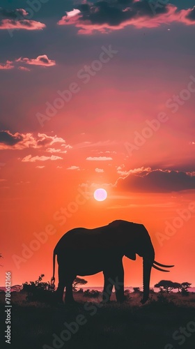 A solitary elephant silhouetted against a setting sun, its trunk lifted high in a gesture of peace, tusks outlined against the fading light low noise