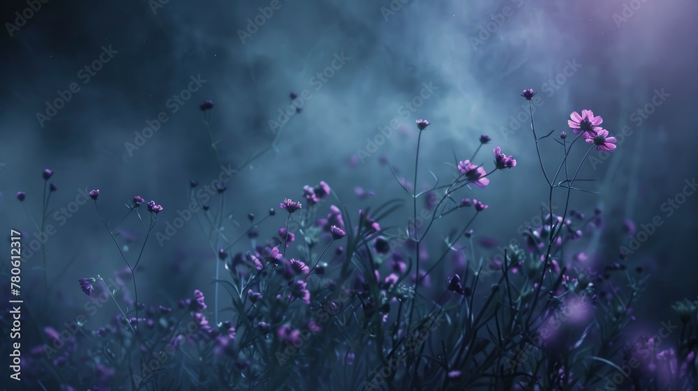 Close up photo of wildflowers, dark background, purple and green tones, night time, cinematic, low light, moonlight