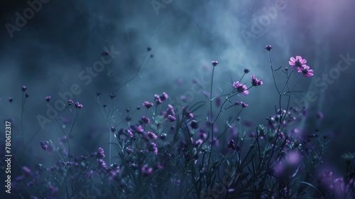 Close up photo of wildflowers, dark background, purple and green tones, night time, cinematic, low light, moonlight