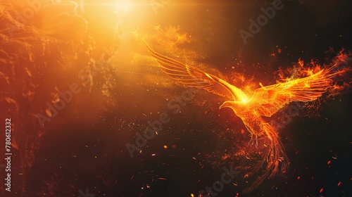 A phoenix rising from its ashes, fiery plumage illuminating the darkness, a symbol of rebirth and eternal life low noise