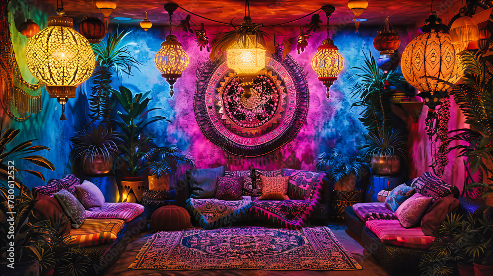 Fototapeta premium Richly Decorated Interior with Traditional Moroccan Art and Textiles, Showcasing Cultural Elegance and Style