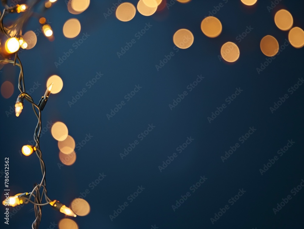 holiday illumination and decoration concept: Christmas garland bokeh lights over dark blue background  - obrazy, fototapety, plakaty 