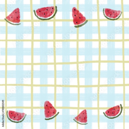 Watermelon, fruit blue checkered background