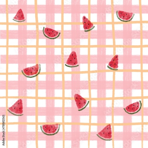 Pink checkered background wallpaper with watermelon slices