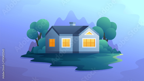 A simple residential building in the evening with a yard in flat style. Suburban concept isolated illustration.