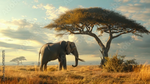 A massive elephant standing majestically in the savannah, its long trunk gracefully reaching for the leaves of a tall tree, tusks gleaming in the sunlight no dust photo
