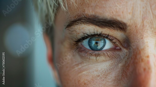 Closeup of an American woman's face with blue eyes and short blonde hair, showing the texture of her skin. The focus is on one eye that has dark circles around it