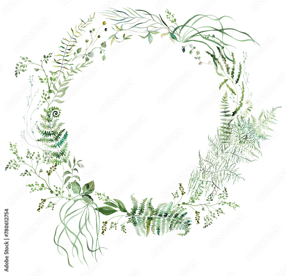 Round frame with Watercolor fern twigs with green leaves isolated illustration, botanical wedding Round frame with Watercolor fern twigs with green leaves isolated illustration, botanical wedding