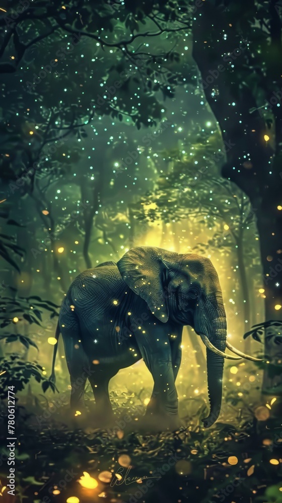 Fototapeta premium A gentle giant, the elephant moves gracefully through a forest lit by stars, each step rustling the leaves, as if in a tranquil dream no dust