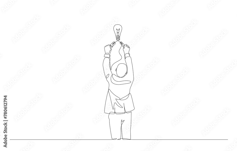 Continuous one line drawing of businessman using jump starter to light up light bulb, start new business idea concept, single line art. Continuous one line drawing of businessman using jump starter to light up light bulb, start new business idea concept, single line art.