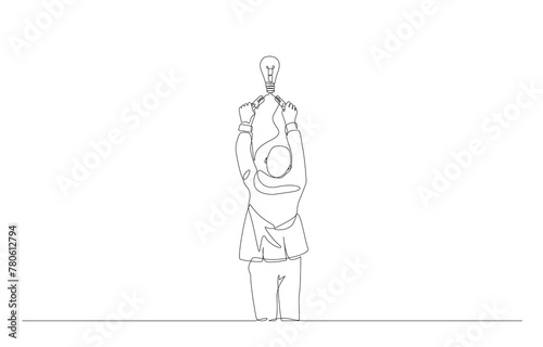 Continuous one line drawing of businessman using jump starter to light up light bulb, start new business idea concept, single line art.