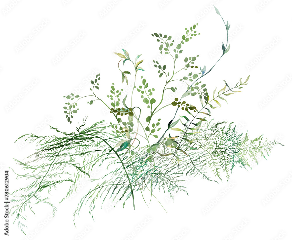 Bouquet with Watercolor fern twigs with green leaves isolated illustration, botanical wedding Bouquet with Watercolor fern twigs with green leaves isolated illustration, botanical wedding