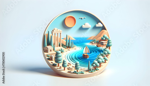Aegean Escape Turkey Bodrum Peninsula: 3D Flat Icon Where Ancient History Meets Azure Embrace. Famous Location Protograph Theme, Isolated White Background