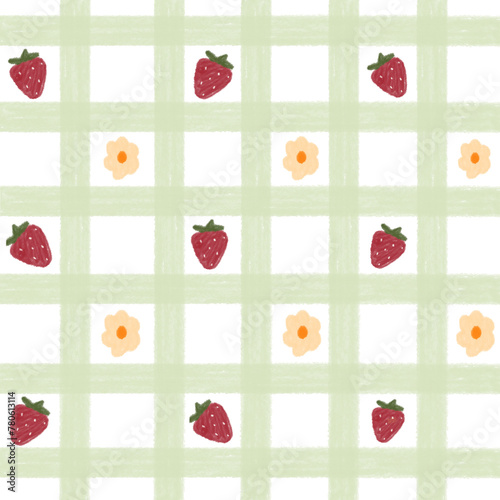 Strawberries and blossoms on checkered pattern background