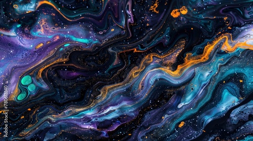 Dark night sky, close up of the texture and colors of an iridescent dark purple resin fluid painting with glitter, neon orange, and blue green swirls and splashes, hyper realistic, high resolution