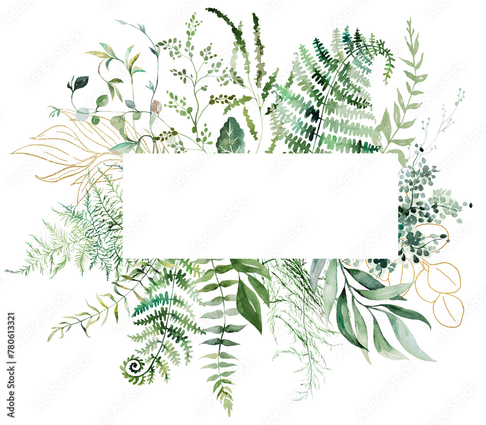 Geometric frame with Watercolor fern twigs with green leaves isolated illustration, botanical wedding