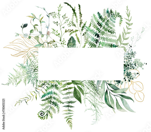 Geometric frame with Watercolor fern twigs with green leaves isolated illustration  botanical wedding
