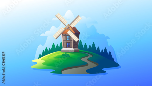 Old farm windmill on the hill isolated illustration on blue background.