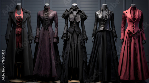 Dresses on mannequins in the Gothic style for women impress with their dark elegance and mystical charm. Halloween image concept. Subculture. Gothic 