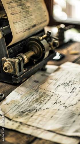 Antique stock market ticker tape machine next to vintage charts, representing the history of trading no splash photo