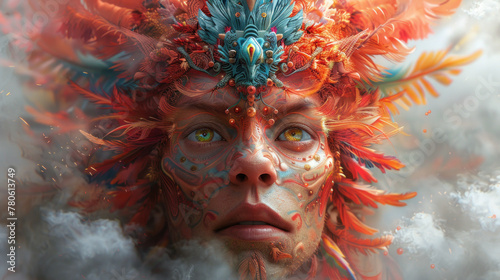 Fantastic, surreal, psychedelic deity with red feathers