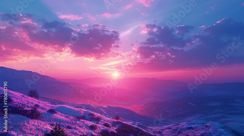 sunset on the mountains with vaporwave tone color  suitable for wallpaper  poster. Generative AI