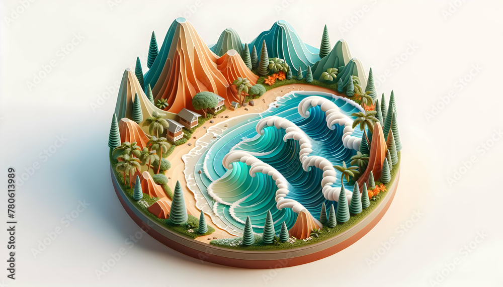 Hawaiian Harmony: Aloha Spirit in 3D Flat Icon, Lush Landscapes Meeting Pacific Waves, Famous Location Protograph Theme on Isolated White Background