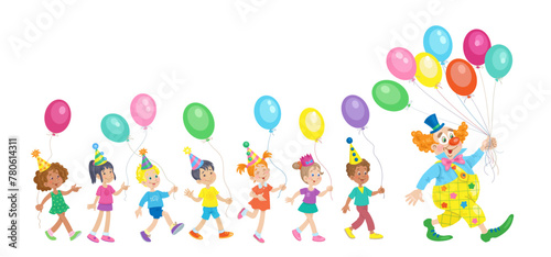 Funny clown and group of children with colorful balloons. Isolated on white background. Vector flat illustration.