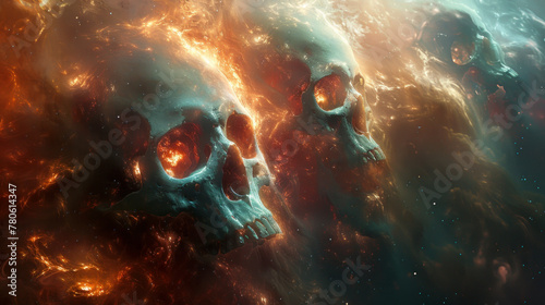 Skulls in space nebulae, afterlife, bad hallucinogenic trip concept © Kondor83