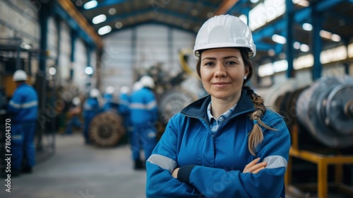 Portrait of a happy female worker standing in front with a group of workers working in the background, wearing a blue jacket and white helmet at a factory building