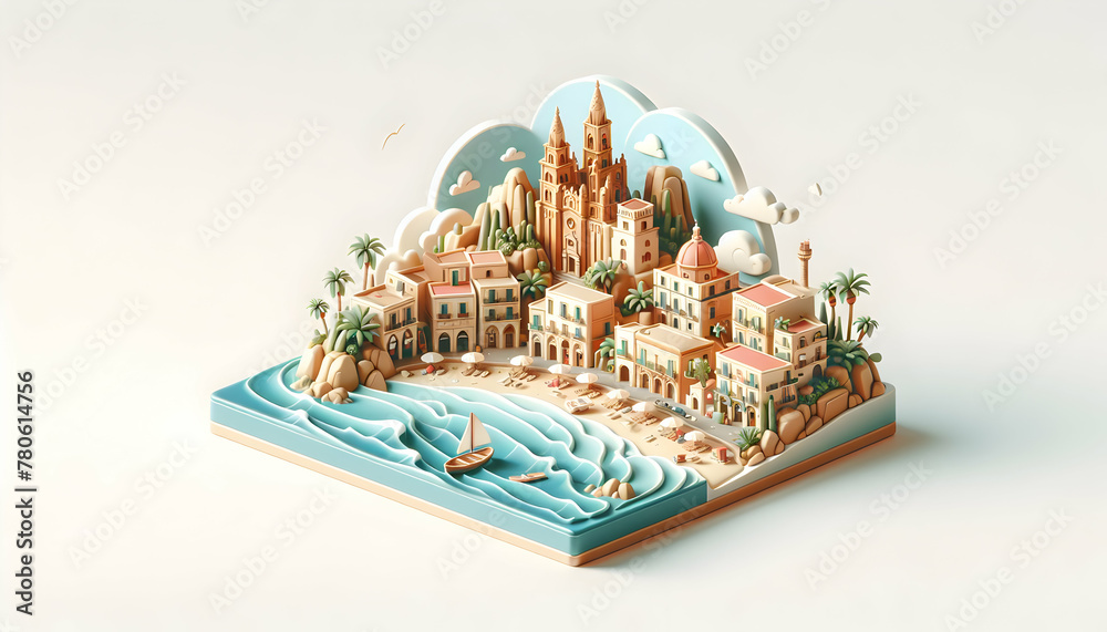 Sicilian Shores 3D Flat Icon: Explore Sicily's Sandy Beaches & Charming Hilltop Towns for an Italian Summer in Famous Location Photographic Theme, Isolated on White Background