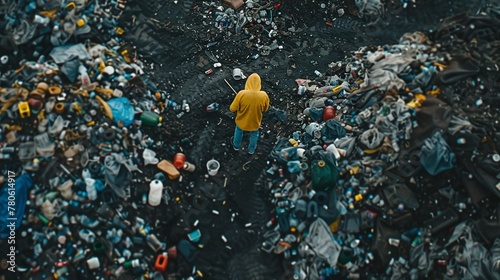 A person collecting recyclable materials from a landfill, emphasizing the importance of recycling and waste reduction efforts. photo