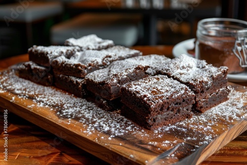 Wooden Cutting Board With Powdered Sugar-Covered Brownies